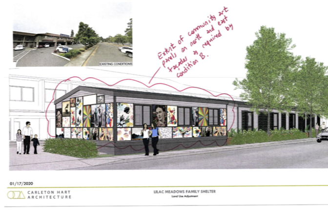 Rendering of proposed wall art concept on one-story modular building on SE Powell Blvd.