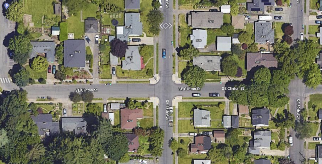 Aerial map showing intersection of SE 59th Ave and SE Clinton St.