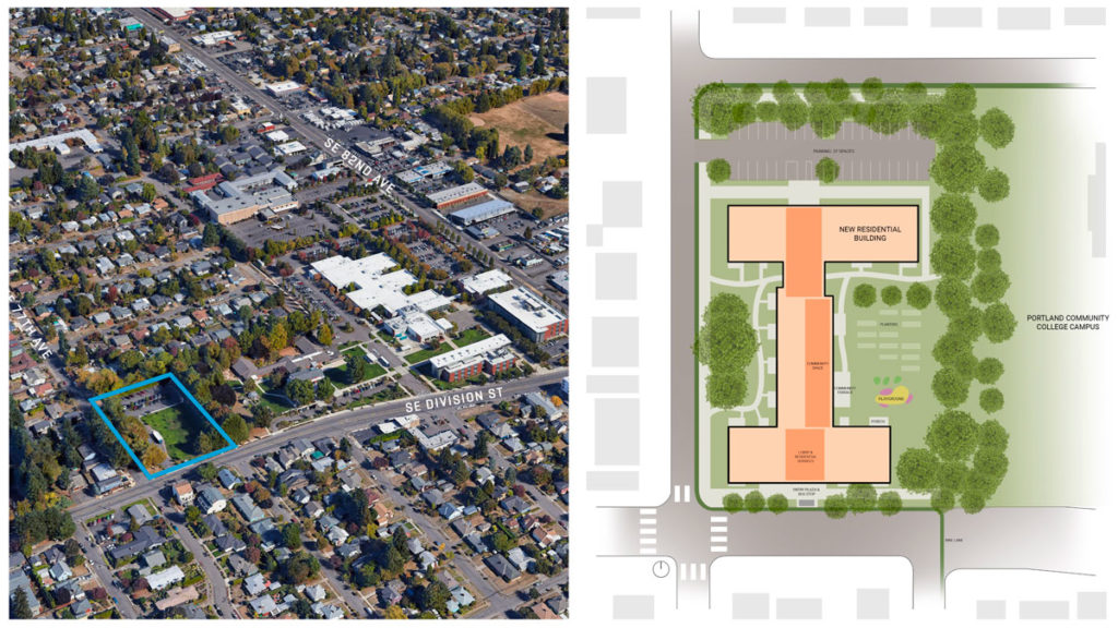 An aerial map and illustration showing the location and footprint of the affordable housing development proposed for PCC SE on Division.